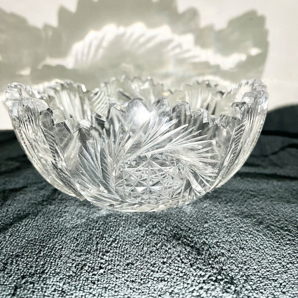 Vintage Brilliant Cut Glass Bowl Hobstar Fan Pattern Sawtooth Edge 8 Inch Heavy